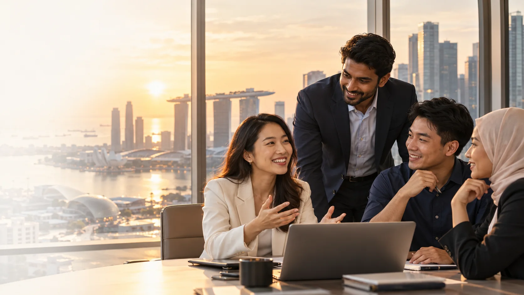 Professionals discussing career opportunities in an office overlooking Singapore
